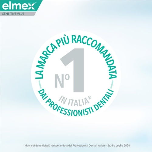 Logo circolare Elmex con la scritta "La marca più raccomandata numero 1 in Italia dai professionisti dentali"