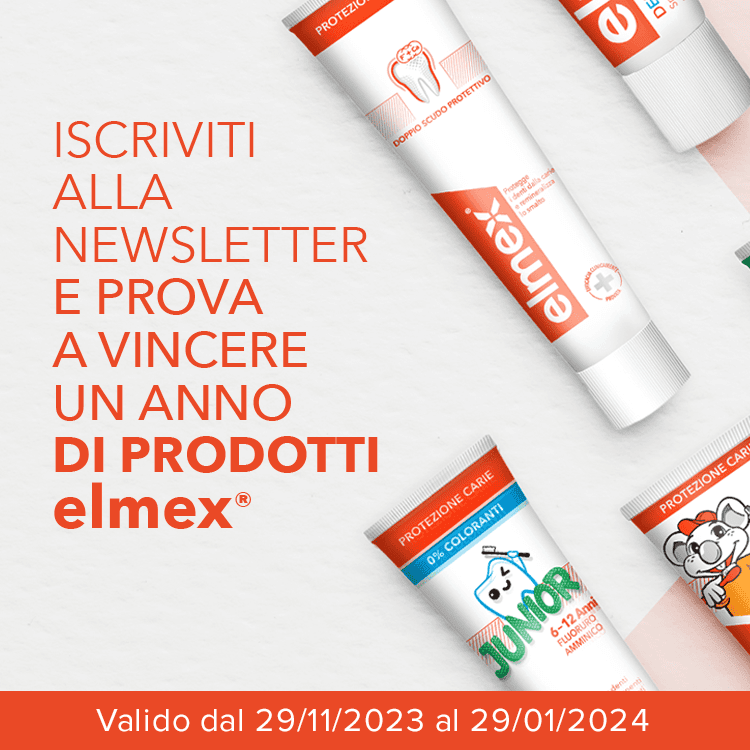 ISCRIVITI ALLA NEWSLETTER E PROVA A VINCERE UN ANNO DI PRODOTTI elmex®