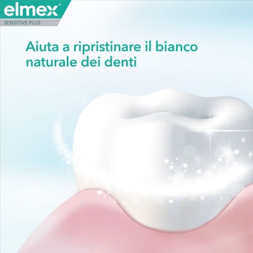Grafica promozionale Elmex Sensitive Plus con la scritta "Aiuta a ripristinare il bianco naturale dei denti" e l'illustrazione di un dente bianco e splendente.