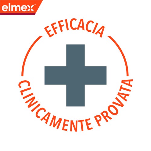 Simbolo di una croce grigia circondata dalla scritta 'Efficacia clinicamente provata', che evidenzia l’efficacia del dentifricio elmex testata clinicamente.